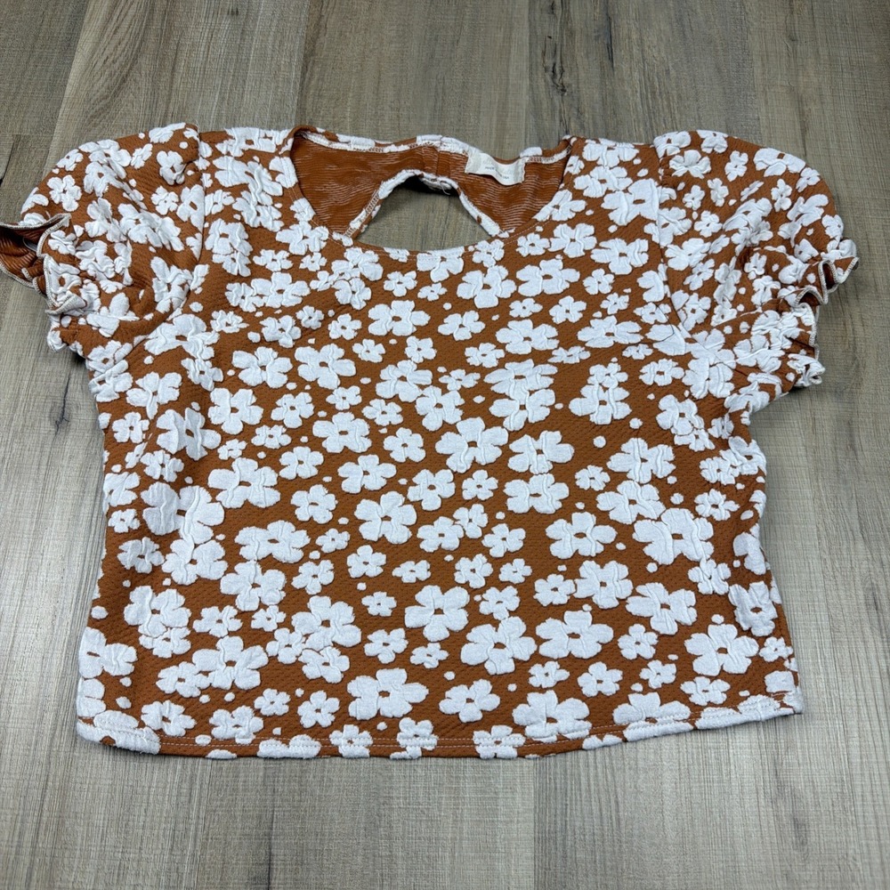 Altar'd State Floral Crop Top Women's Large Puff Sleeve Open Back Textured